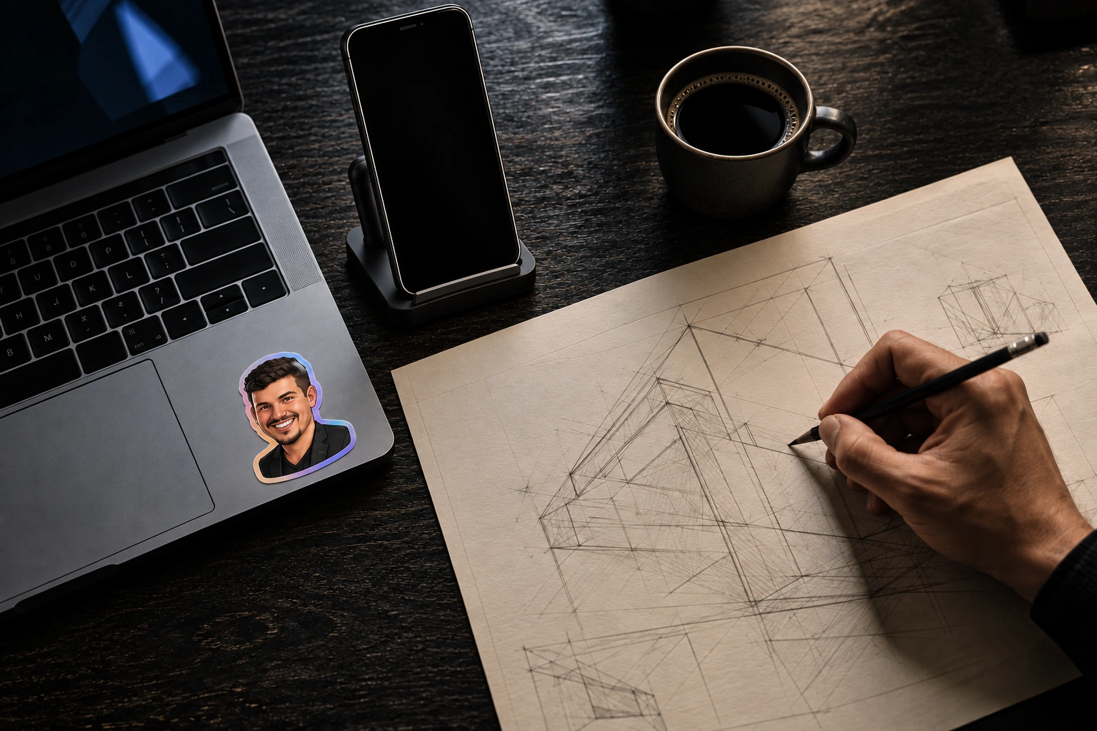 AI-generated workspace study: a hand drawing with a pencil, a laptop with glossy cartoon stickers of Omer and his dog Cooper, coffee, and a phone resting on a wireless charging stand beside the laptop. Its monochrome screen types Omer Levi and short lines about turning questions into useful things. Concept artwork accompanying the project.
